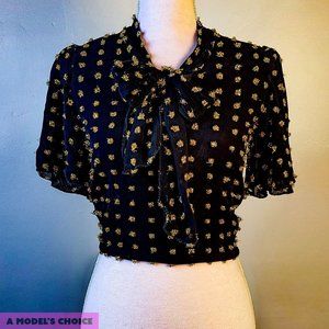 SHIMMERY GOLD + BLACK LAVALLIERE BOW BLOUSE - WOMENS SMALL